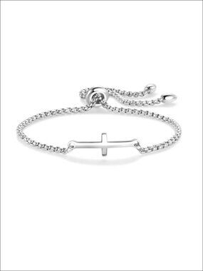 Stainless Steel Sideways Cross Bracelet Adjustable Chain Religious Gift